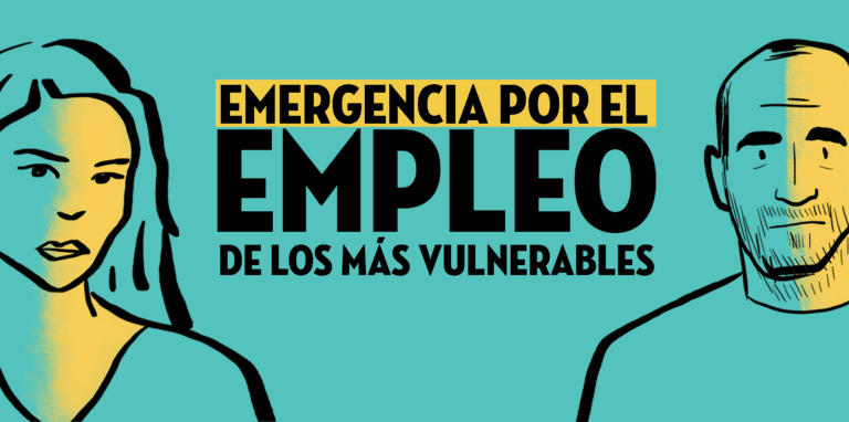 dibujo de una mujer joven y un hombre de mediana edad con gesto serio. En el medio de la imagen aparece el siguiente texto: Emergencia por el empleo de los más vulnerables