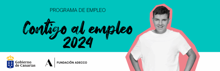 fotografía de daniel en color blanco y negro sobre un fondo rosa que rodea su figura. A su derecha, aparece el nombre del programa Contigo al empleo.