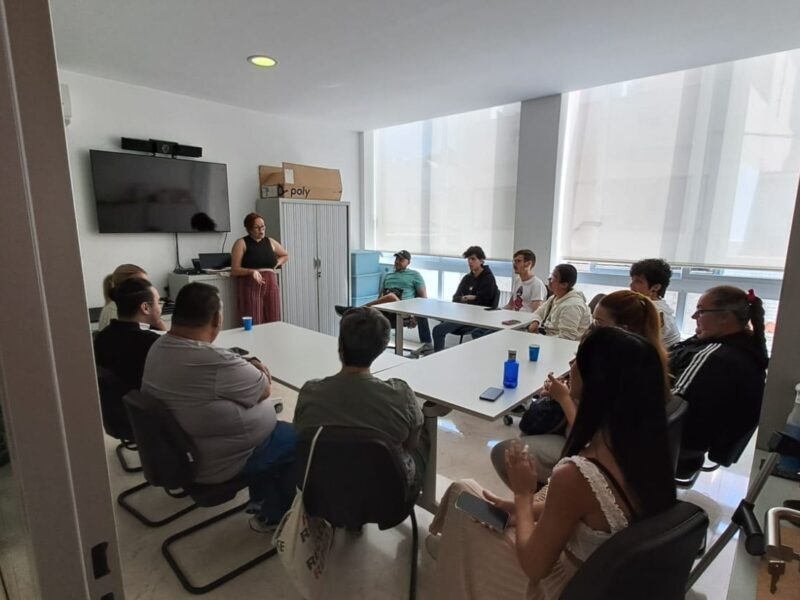 Participantes en la sala del taller para la inclusión laboral. Escuchan a la ponente.