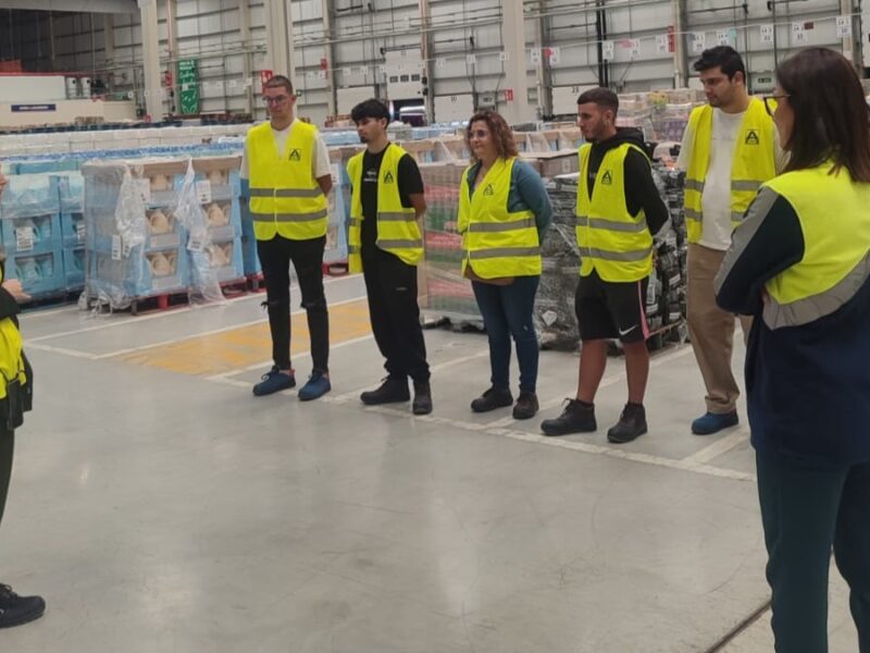 Beneficiarios de los programas de empleo de Fundación Adecco en la visita a ALDI. Aparecen en el interior de la zona logística ante la guía que les explica.