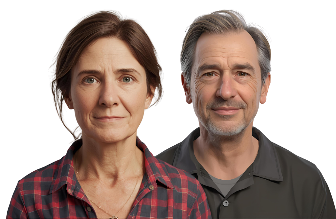 Dos personas senior, con rostro alegre. Un hombre y una mujer