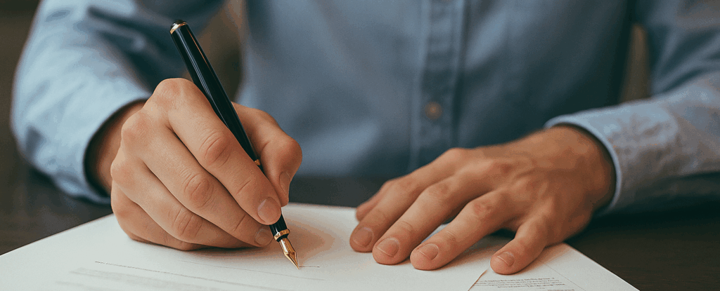 Hombre firma un documento con una pluma