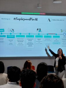 Persona situada davant d’una sala plena, assenyalant una pantalla de presentació amb el títol ‘#EmploymentForAll’ i el logotip de la Fundació Adecco. La diapositiva mostra un procés amb diverses etapes relacionades amb l’ocupació inclusiva.