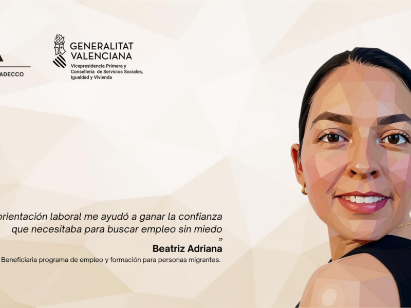 Imagen en primer plano de Beatriz-Adriana. Mujer de mediana edad beneficiaria de los programas de empleo de la Fundación Adecco.