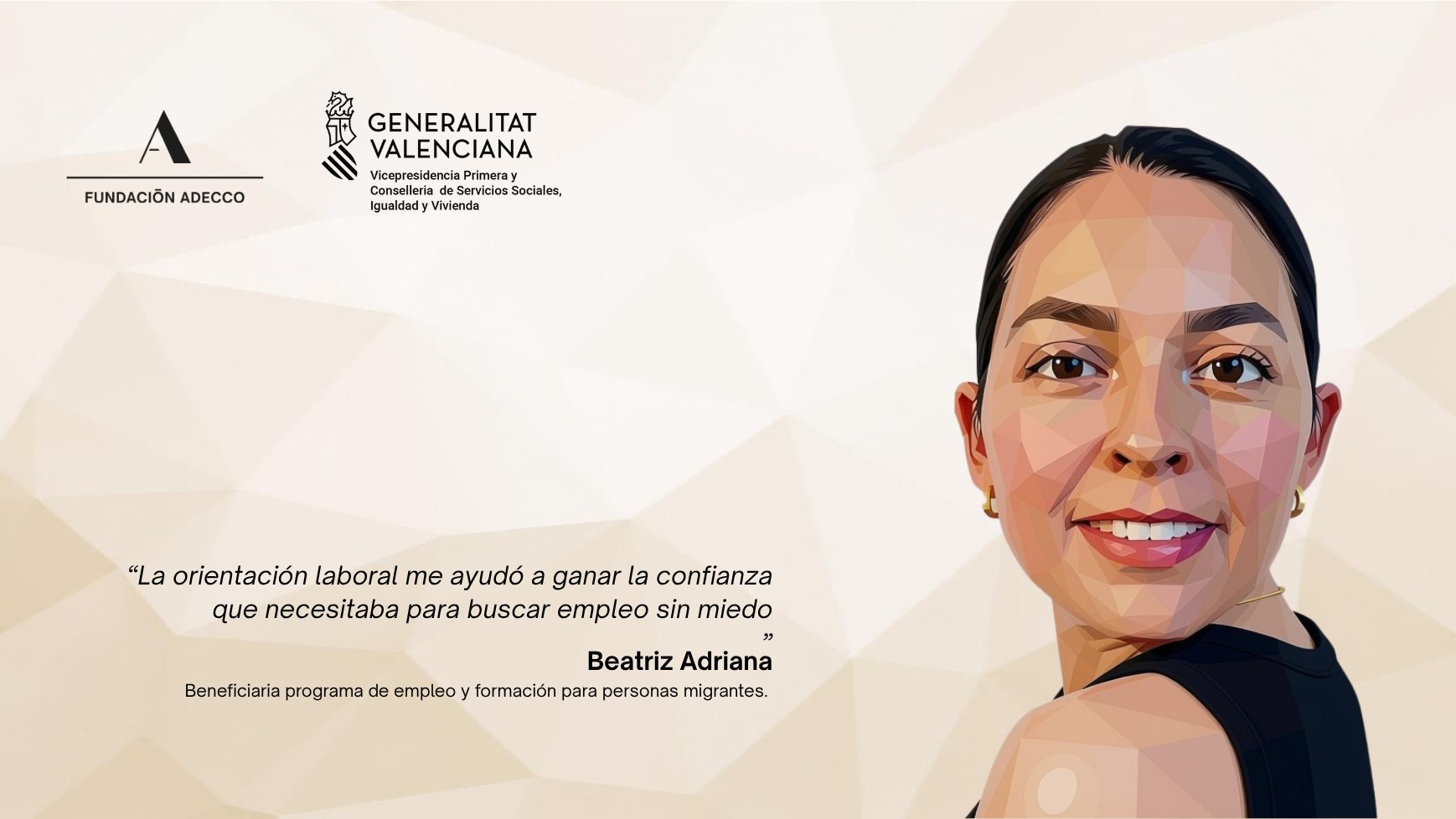 Imagen en primer plano de Beatriz-Adriana. Mujer de mediana edad beneficiaria de los programas de empleo de la Fundación Adecco.