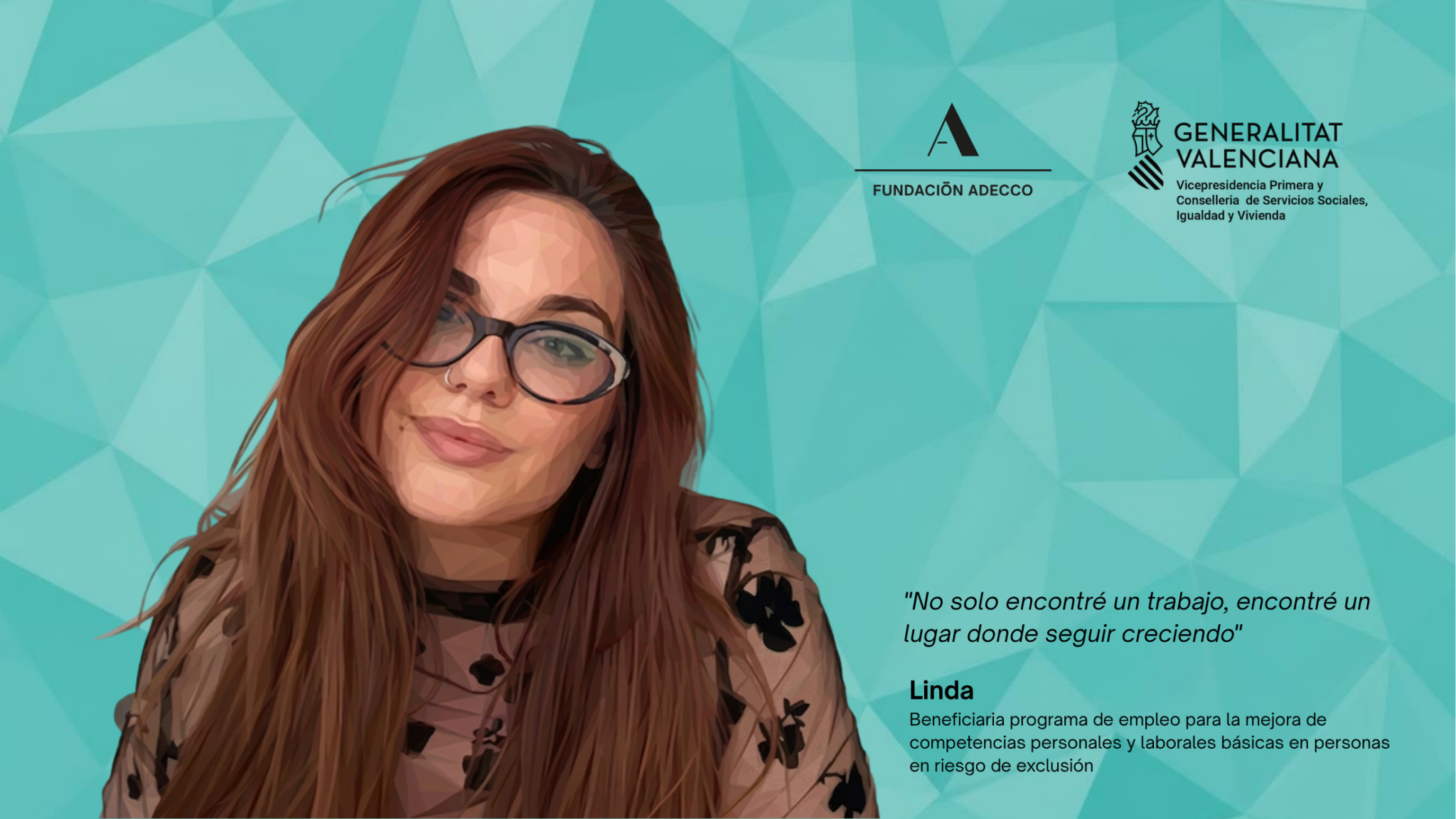 Imagen en estilo low poly de Linda, beneficiaria de los programas de empleo de la Fundación Adecco. El fondo de la imagen es en estilo geométrico color turquesa.